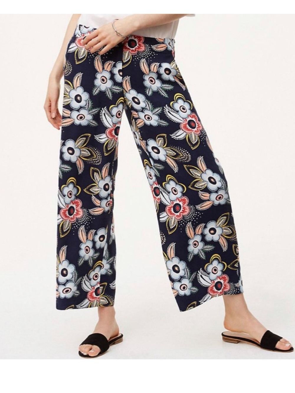 LOFT Ann Taylor 12 Navy Tropical Floral Wide Leg‎ Cropped Culottes Pants
